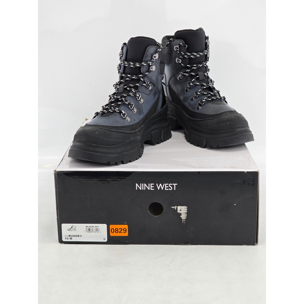 Nine West Budde3 Combat Hiking Boots Womens 10 Black Blue‎ Lug Sole Lace Up -